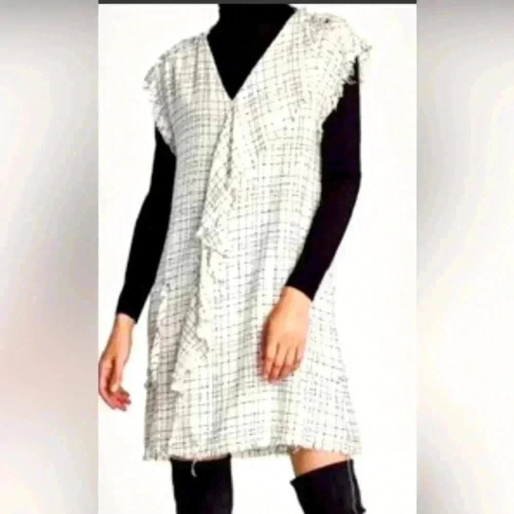 Zara Basic Womens Dress X-Small White Black Plaid Tethered Hem Sleeveless XS